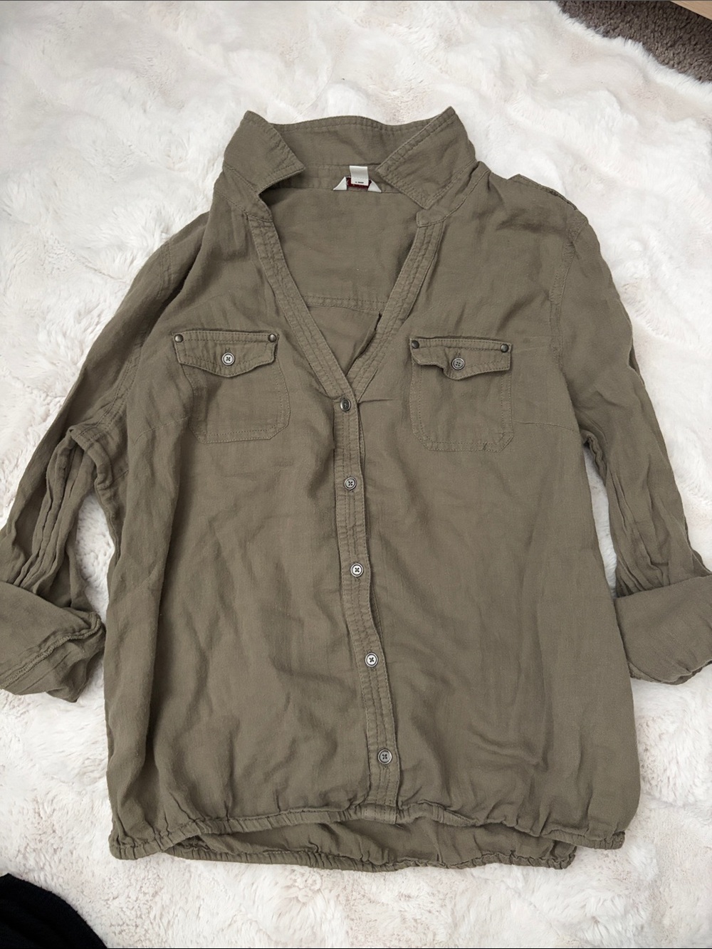 Olive Green Button-Front Utility Shirt